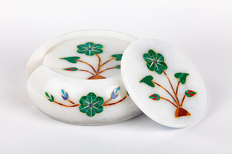 Soap Stone Vintage Floral Coaster Set. Indian Marble Inlay 